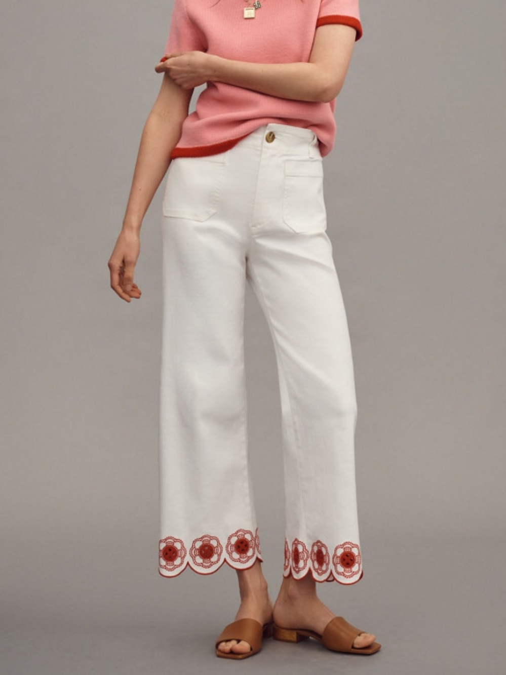 Anthropologie White Jeans with Red Scalloped Floral Hem